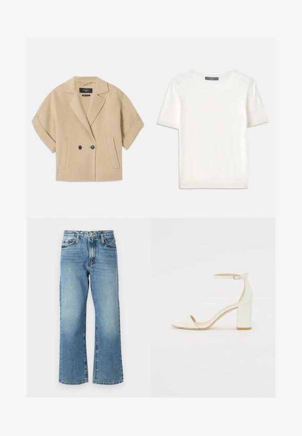 Beige dubbelknäppt jacka med korta ärmar, försedda med slag och två framfickor, tillverkad av ett mjukt texturerat tyg.; Vit kortärmad stickad topp med rund halsringning, med en jämn textur och subtila randiga detaljer vid ärmarna och fållen.; Ljust blå denimjeans med vidbenad design, fem fickor och knappstängning. Tyget har subtila blekningar och en klassisk textur.; Vit läder blockklack-sandalett med en ankelrem och spänne samt minimalistisk design. Öppen tå och släta ytor genomgående.