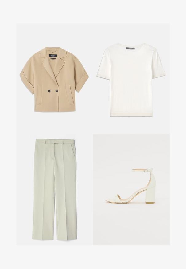 Bež jakna s duplim kopčanjem i kratkim rukavima, s reverom i dva prednja džepa, izrađena od mekane teksturirane tkanine.; Bijela kratkotrajna pletena majica s kratkim rukavima i okruglim izrezom, koja se odlikuje glatkom teksturom i suptilnim rebrastim detaljima na rukavima i rubu.; Svijetlosmeđi hlače s krojem, s ravnim prednjim dijelom, dva bočna džepa i glatkom teksturom.; Bijela kožna sandala na blok petu s remenom oko zapešća i minimalističkim dizajnom. Otvoreni nos i glatke teksture kroz cijelu obuću.