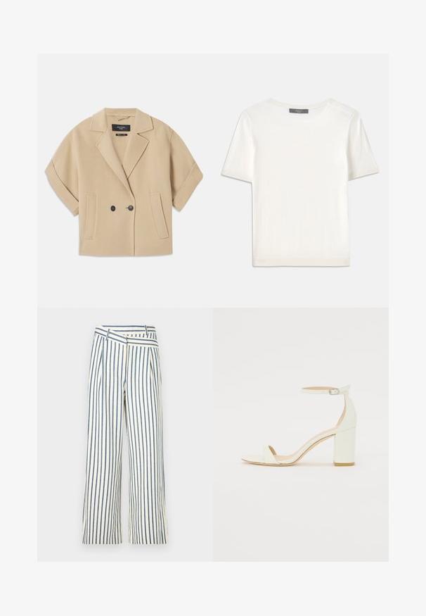 Šviesiai rudas dvigubos krūtinės švarkas su trumpomis rankovėmis, turintis išpjovą ir dvi priekines kišenes, pagamintas iš minkštos tekstūruotos medžiagos.; Baltas trumpas rankovėmis megztinis su apvaliu kaklu, pasižymintis lygia tekstūra ir subtiliais raštuotais akcentais rankovėse bei apykaulyje.; Grietos pločių kelnės smėlio ir tamsiai mėlynos spalvos, su kažkiek plišytų detalių ir unikaliu kampiniu juosmeniu. Pagaminta iš lengvos medžiagos.; Baltos odos blokinio kulno sandalai, su kulkšnies dirželiu ir sagtimi, minimalistinio dizaino. Atvira pirštų dalis ir sklandžios tekstūros visoje.