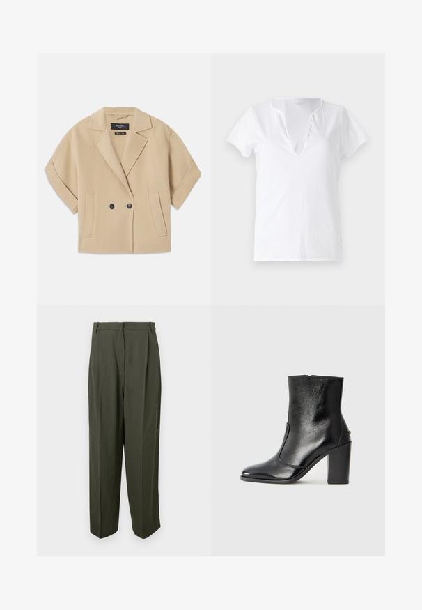 Beżowa kurtka dwurzędowa z krótkimi rękawami, z wykładanym kołnierzem i dwiema przednimi kieszeniami, wykonana z miękkiej tkaniny o teksturowanej powierzchni.; Biała bawełniana koszulka z krótkim rękawem, luźny krój i dekolt w kształcie litery V z plisą ozdobioną pięcioma guzikami.; Oliwkowe spodnie wykonane z gładkiego materiału, z wysokim stanem, plisowanym przodem i szeroką nogawką. Bez widocznych kieszeni ani zdobień.; Czarne skórzane botki za kostkę o gładkiej fakturze, spiczastym nosku i grubym wysokim obcasie. Posiadają boczne wycięcie i minimalistyczny design.