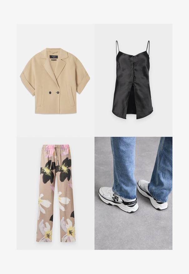 Beige dubbelzijdig jasje met korte mouwen, voorzien van een geknipt revers en twee voorzakken, gemaakt van een zachte textuurstof.; Zwarte satijnen camisole met dunne bandjes, met een knoopsluiting aan de voorkant en een splitzoom voor extra detail. Soepele textuur en minimalistisch ontwerp.; Beige bloemenprint broek met grote zwart-witte bloemen ontwerpen, voorzien van een elastische tailleband met een roze trekkoord.; Witte en grijze sport schoenen met een gestructureerde mesh bovenkant, zwarte accenten en een opvallend logo aan de zijkant en hiel, gecombineerd met blauwe jeans.