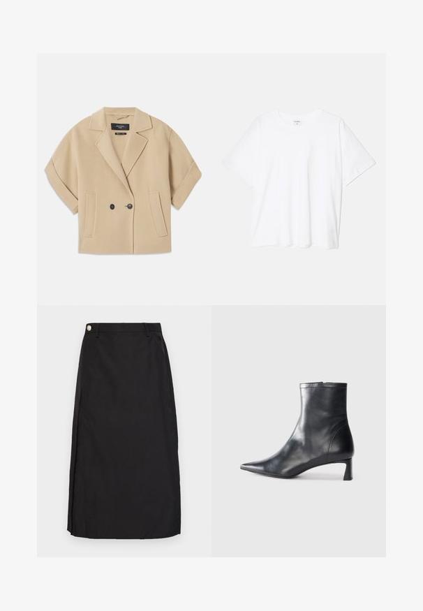 Bež jakna s duplim kopčanjem i kratkim rukavima, s reverom i dva prednja džepa, izrađena od mekane teksturirane tkanine.; Bijela pamučna majica s kratkim rukavima, okruglim izrezom, opuštenim krojem i šivenim rubom. Etiketa je vidljiva na unutarnjoj strani vrata.; Crna suknja do koljena od glatkog materijala, s prednjim prorezom i metalnim gumbom kao naglaskom na struku.; Crne kožne gležnjače s uskim vrhom i elegantnim dizajnom. Imaju niski potpetak i zatvaranje na patentni zatvarač straga. Glatka tekstura.