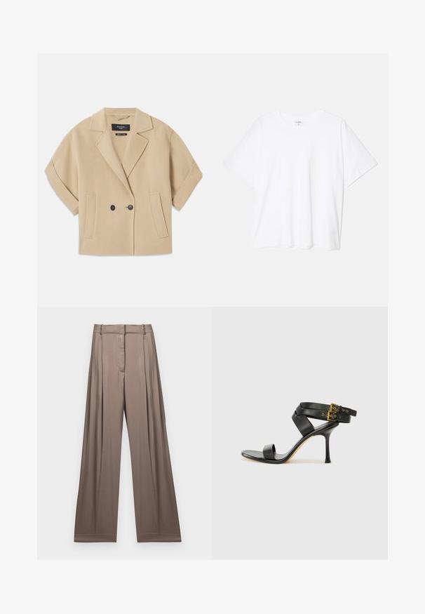 Beige, rövidujjú, dupla gombos zakó, kihajtott gallérral és két elülső zsebnél, puha textúrájú anyagból készült.; Fehér pamut póló rövid ujjal, kerek nyakkivágással, laza fazonnal és varrott szegéllyel. Címke látható a belső nyakrészén.; Széles szárú nadrág, enyhén taupe színben, sima anyagból, selymes fényű kivitelben. Szabott derékkal és diszkrét redőkkel rendelkezik.; Fekete magassarkú szandál keresztpántos dizájnnal és állítható csattal. Simább felülettel és hegyes tűsarkúval rendelkezik.