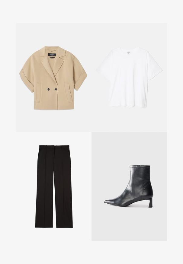 Beige kahekordse nööpidega jakk lühikeste varrukatega, millel on sakiline krae ja kaks eesmist taskut, valmistatud pehmest tekstuursedest kangast.; Valge puuvillane T-särk lühikeste varrukatega, ümmargune kaelus, mugav lõige ja õmmeldud serv. Silt nähtav kaela seest.; Mustad kohandatud püksid sujuvast kangast, sirge jala disainiga ja kahe küljetaskuga. Elegantne ja minimalistik ehitus.; Mustad mustall nahkasaabas terava nina ja stiilse disainiga. Omab madalat konts ja luku sulgemist taga. Sile tekstuur.