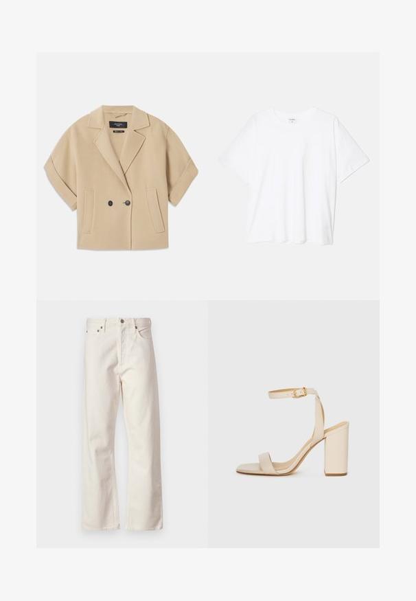 Bežna dvojna jakna s kratkimi rokavi, ki ima zarezan ovratnik in dve sprednji žepki, narejena iz mehke teksturirane tkanine.; Bela bombažna majica s kratkimi rokavi, okroglim izrezom, sproščenim krojem in šivanim robom. Oznaka vidna na notranji strani izreza.; Bela denim hlače s ravnim krojem, featuring klasičen pet-žepni dizajn, zaponka na kovinski gumb in subtilna tekstura.; Bež visoke sandale s kvadratnim nosom, tankim trakicama okoli gležnja in blok peto. Gladka usnjena tekstura s podrobnostjo v zlati barvi.