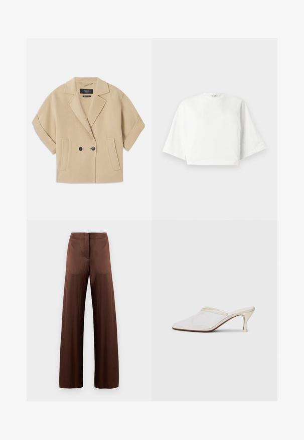 Beige double-breasted jacket with short sleeves, featuring a notched lapel and two front pockets, made from a soft textured fabric.; White cropped t-shirt with relaxed fit, short wide sleeves, round neckline, and side slits, made from soft cotton material.; Brown wide-leg trousers made of smooth, lightweight fabric, featuring a flat front, no pockets, and a straight silhouette.; White mesh pointed-toe mule with a slim mid-height heel and slip-on design against a plain background.