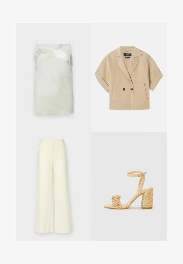 Bež jakna s duplim kopčanjem i kratkim rukavima, s reverom i dva prednja džepa, izrađena od mekane teksturirane tkanine.; Satin haljina slip u svijetlozelenoj boji s cvjetnim vezom na jednom ramenu. Podesive potkošulje, ravni kroj i glatka tekstura.; Faithfull the brand LULEA PANT - Hlače - white; Bež sandala s visokom potpeticom, s pletenom teksturom, ukrašena cvijetom i remenom oko gležnja. Kvadratna potpetica dodaje stabilnost.