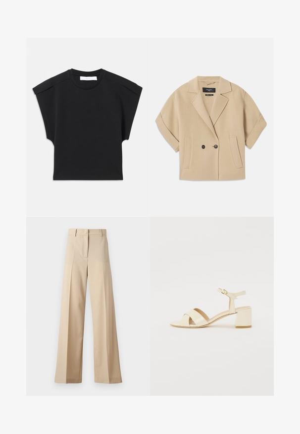 Beige dubbelknäppt jacka med korta ärmar, försedda med slag och två framfickor, tillverkad av ett mjukt texturerat tyg.; Svart kortärmad topp med rund halsringning och axeldetaljer, liggande platt på en vit bakgrund.; Beiga vida byxor i mjukt tyg, med en flat front med veck, dragkedja och bälteshällor. Skräddarsydd passform.; Beiga lackläderklacksandaler med korsad remdesign, öppen tå, justerbar ankelrem och blockklack. Slät yta.