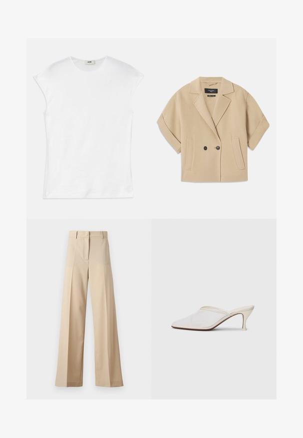 Beige, rövidujjú, dupla gombos zakó, kihajtott gallérral és két elülső zsebnél, puha textúrájú anyagból készült.; Fehér, rövid ujjú pamut póló. Kerek nyakkivágással és sima, puha tapintással rendelkezik, laza fazonú. Nincsenek rajta minták vagy díszítések.; Beige színű, bő szabású nadrág sima anyagból, lapos elejével, redőkkel, cipzáras záródással és övhurkokkal. Összességében testreszabott szabású.; Fehér hálós, hegyes orrú mules cipő, vékony, középmagas sarkával és slip-on kialakításával, egyszerű háttér előtt.