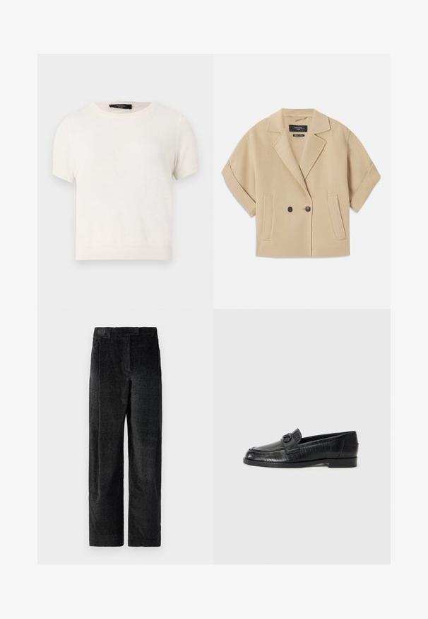 Beige, rövidujjú, dupla gombos zakó, kihajtott gallérral és két elülső zsebnél, puha textúrájú anyagból készült.; Rövid ujjú, kerek nyakú felső puha, világos bézs kötött anyagból. Bordás szegéllyel és mandzsettákkal rendelkezik. Minimalista dizájn, minták vagy díszítések nélkül.; Fekete, textúrált, bő szárú nadrág, hangsúlyos szövettel, elülső redőkkel és lapos derékpánttal. Klasszikus dizájn, amely sokoldalúságot biztosít.; Fekete bőr loafer cipők sima felsőrésszel, dombornyomott vonalmintával és dekoratív csat részlettel a cipő orrán. Alacsony, tömb alakú sarok.