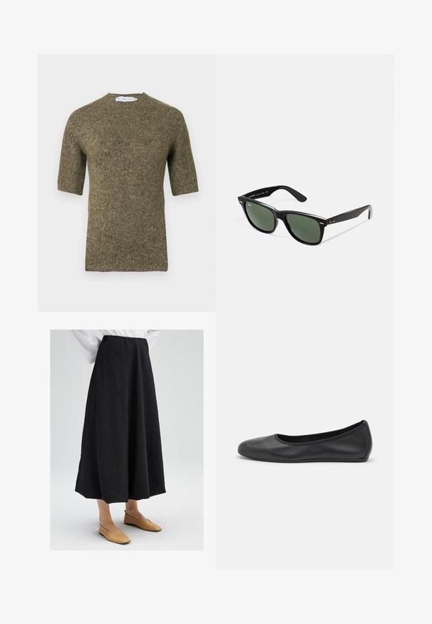 Juodas odinis motociklininko švarkas su įpjovu apykakle, įstrižine užtrauktuku ir dviem užtrauktuku uždaromomis kišenėmis. Savybės: diržo juosmuo ir struktūruoti siūlai.; Trumpomis rankovėmis, alyvuogių žalios spalvos megztinis su tekstūruotu raštu ir apvalia iškirpte, rankovėse ir apačioje su juostelėmis.; Juoda midi sijonas su tekstūruota paviršiumi, turintis elastingą juosmenį ir plaukiančią siluetą. Pora su kreminės spalvos plokščiomis bateliais.; Juodai odiniai baletai su apvaliu pirštu, lygi texture, minimalus siuvimo detales ir lanksčiu padų dizainu.; Juodi plastikiniai saulės akiniai su žaliais objektyvais, kvadratiniais rėmeliais, sidabriniu akcentu ant antakio ir tekstūruotais šventyklų šakutėmis. Vidinėje šakutėje nurodyta prekės ženklo pavadinimas.