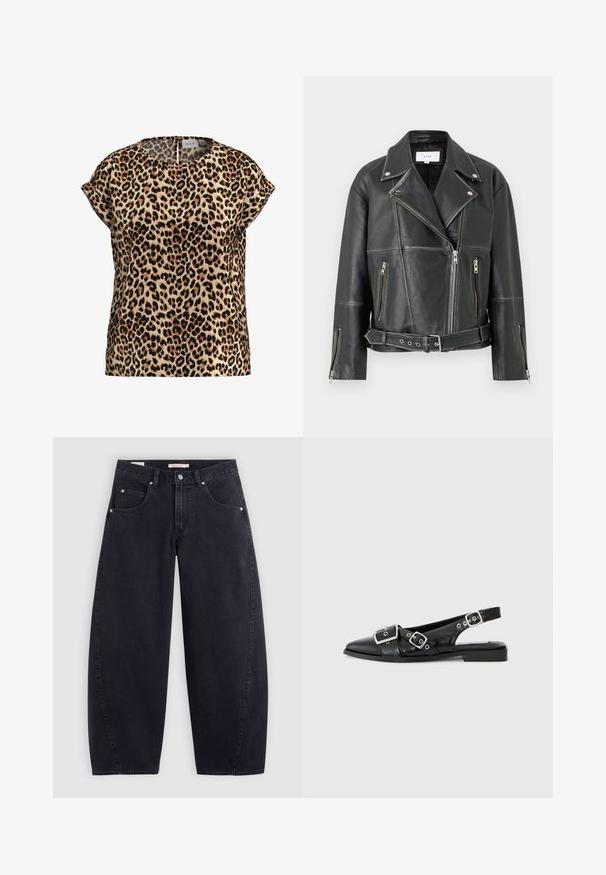 Black leather biker jacket with a notched collar, diagonal zipper, and two zippered pockets. Features a belted waist and structured seams.; Leopard print top, short sleeves, round neckline, made of silky fabric; features a tan background with black and brown spots.; Black denim wide-leg jeans with a high waist, two front pockets, and silver hardware. Smooth texture, minimal stitching details, and straight cut.; Black leather slingback shoe with a pointed toe, two silver buckles, and a low block heel. Features a textured upper and open back.