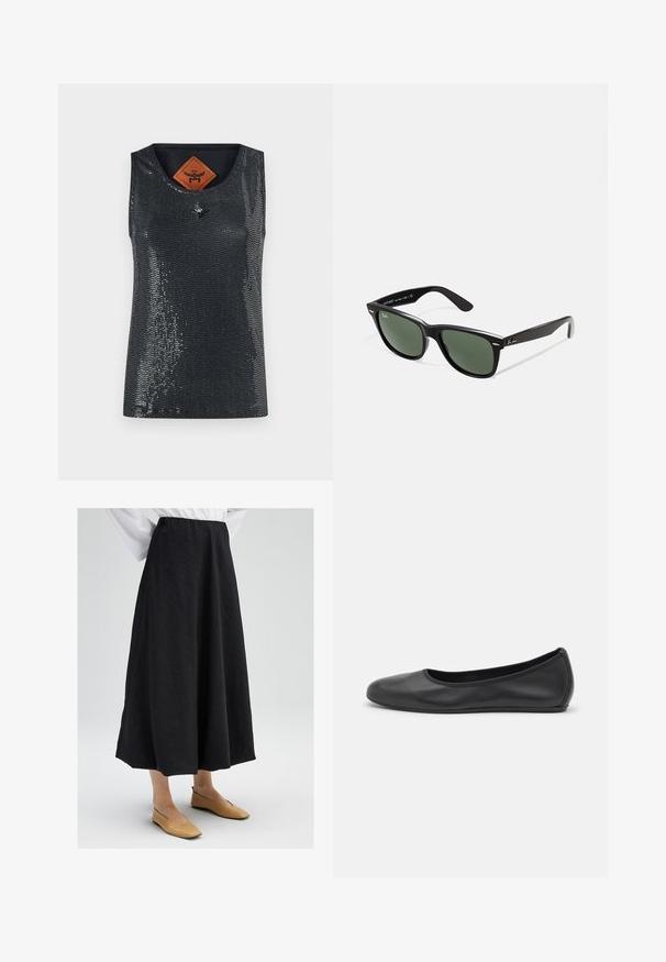 Juodas odinis motociklininko švarkas su įpjovu apykakle, įstrižine užtrauktuku ir dviem užtrauktuku uždaromomis kišenėmis. Savybės: diržo juosmuo ir struktūruoti siūlai.; MCM SEQUINS TANK - Viršus - black; Juoda midi sijonas su tekstūruota paviršiumi, turintis elastingą juosmenį ir plaukiančią siluetą. Pora su kreminės spalvos plokščiomis bateliais.; Juodai odiniai baletai su apvaliu pirštu, lygi texture, minimalus siuvimo detales ir lanksčiu padų dizainu.; Juodi plastikiniai saulės akiniai su žaliais objektyvais, kvadratiniais rėmeliais, sidabriniu akcentu ant antakio ir tekstūruotais šventyklų šakutėmis. Vidinėje šakutėje nurodyta prekės ženklo pavadinimas.