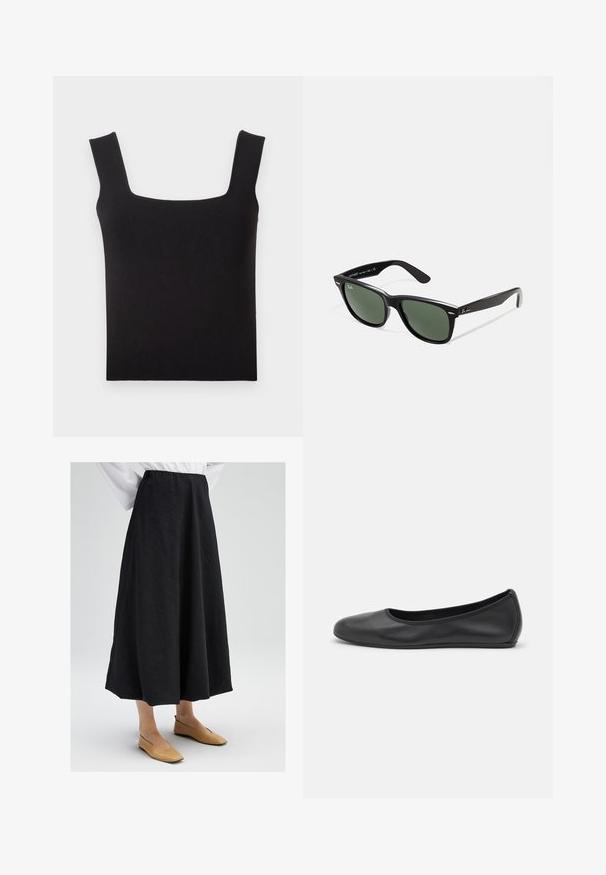 Juodas odinis motociklininko švarkas su įpjovu apykakle, įstrižine užtrauktuku ir dviem užtrauktuku uždaromomis kišenėmis. Savybės: diržo juosmuo ir struktūruoti siūlai.; Juodas kvadratinės iškirptės marštinis, pagamintas iš lygaus audinio. Yra plačios petnešėlės ir prigludusi siluetas su tvarkinga apdaila. Matomų raštų nėra.; Juoda midi sijonas su tekstūruota paviršiumi, turintis elastingą juosmenį ir plaukiančią siluetą. Pora su kreminės spalvos plokščiomis bateliais.; Juodai odiniai baletai su apvaliu pirštu, lygi texture, minimalus siuvimo detales ir lanksčiu padų dizainu.; Juodi plastikiniai saulės akiniai su žaliais objektyvais, kvadratiniais rėmeliais, sidabriniu akcentu ant antakio ir tekstūruotais šventyklų šakutėmis. Vidinėje šakutėje nurodyta prekės ženklo pavadinimas.; Ruda odinė rankinė su uždaromu dangteliu, aukso spalvos detalėmis, petneša ir lygiu paviršiumi. Kompaktiška stačiakampio formos.