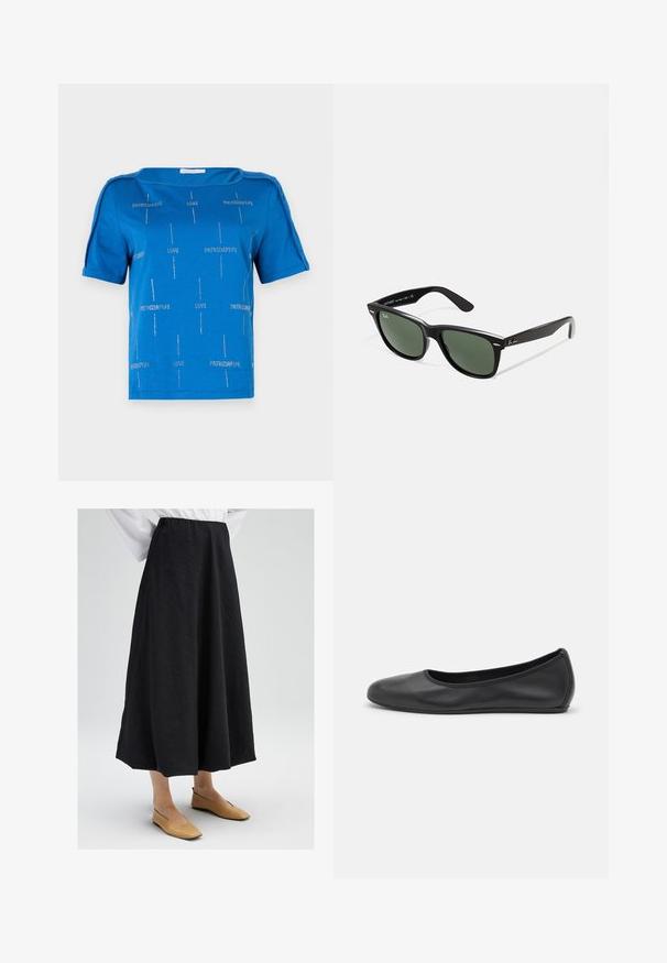 Musta nahkainen moottoripyöräjakkara, jossa on lovettu kaulus, vino vetoketju ja kaksi vetoketjullista taskua. Varustettu vyöllä ja rakenteellisilla saumoilla.; Sininen puuvillapaita, jossa on lyhyet hihat, venepäänti ja hopeiset tekstikuviot, joissa lukee "LOVE" ja "PATRIZIAPPE" ympäri.; Musta midi-hame, jossa on teksturoitu pinta, ja joustava vyötärö. Hameessa on virtaava siluetti. Yhdistetty beigeihin tasapohjaisiin kenkiin.; Musta nahkainen ballerina, jossa on pyöristetty kärki, sileä pinta, minimaalinen ommelkoristelu ja joustava pohjamuotoilu.; Mustat muoviset aurinkolasit, joissa on vihreät linssit, neliönmuotoiset kehykset, hopeinen yksityiskohta kulmakarvojen kohdalla sekä tekstuuriset temppeleiden varret. Brändi ilmoitettu sisävarsissa.