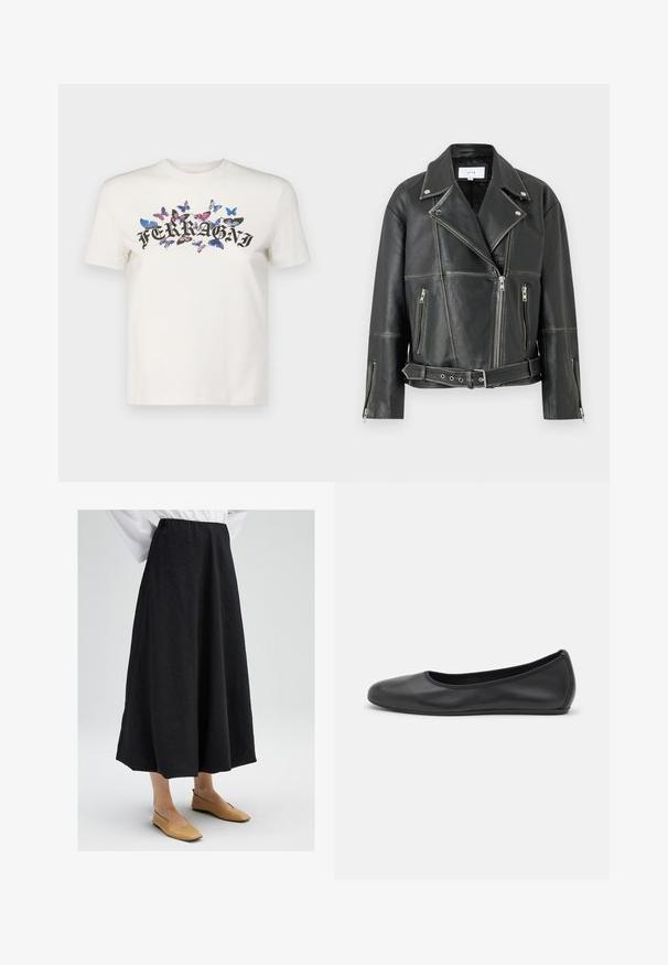 Must musträkibikeri nahkajope, millel on sooneline krae, diagonaalne tõmblukk ja kaks tõmblukuga taskut. sisaldab vööga taljet ja struktureeritud õmblusi.; Valge puuvillane t-särk lühikeste varrukatega, millel on must trükitud "FERRAGNI" logo, mida ümbritsevad värvikad liblikadisainid.; Mustkunstine musta värvi midi seelik, millel on tekstuuriga pind, pa elastne vöökohaga ja voolava siluetiga. Kombineeritud beežide lapikutega kingadega.; Musthave mustika tantsutossud mustast nahast, ümmarguse varbaga, siledast tekstuurist, minimaalse õmblusdetailiga ja paindliku tallakujundusega.
