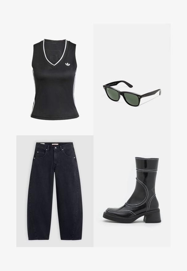Černá kožená motorkářská bunda s klopovým límcem, diagonálním zipem a dvěma zipovými kapsami. Obsahuje páskové pásmo a strukturované švy.; Černý bezrukávový top z hladkého materiálu s výstřihem do V a bílými bočními pruhy. Malé bílé logo na hrudi. Vertikální žebrovaná textura.; Černé džíny širokého střihu s vysokým pasem, dvěma předními kapsami a stříbrnými detaily. Hladká textura, minimální švy a rovný střih.; Černé lakované kotníkové boty s bílým prošíváním, kulatou špičkou a blokovým podpatkem. Charakteryzují se zakřivenými designovými liniemi a hladkým povrchem.; Černé plastové sluneční brýle se zelenými skly, čtvercové obroučky, stříbrný detail na obočí a texturované stranice. Značka uvedená na vnitřní straně stranic.