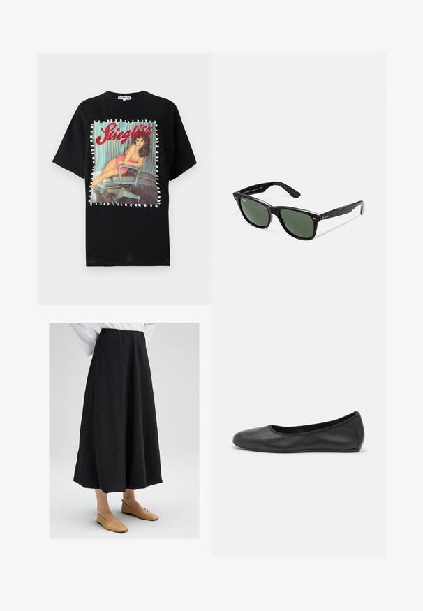 Chaqueta de cuero negra de motorista con cuello muesca, cremallera diagonal y dos bolsillos con cremallera. Presenta una cintura con cinturón y costuras estructuradas.; Camiseta de algodón negra con un estampado vintage colorido de una mujer en una silla, bordeado por un patrón a rayas. Cuello redondo, corte relajado.; Falda midi negra con una superficie texturizada, que cuenta con una cinturilla elástica y una silueta fluida. Combinada con zapatos planos beige.; Bailarina de piel negra con punta redondeada, textura suave, detalle de costura minimalista y diseño de suela flexible.; Gafas de sol de plástico negro con lentes verdes, montura cuadrada, acento plateado en la ceja y brazos texturizados. Marca indicada en el brazo interno.