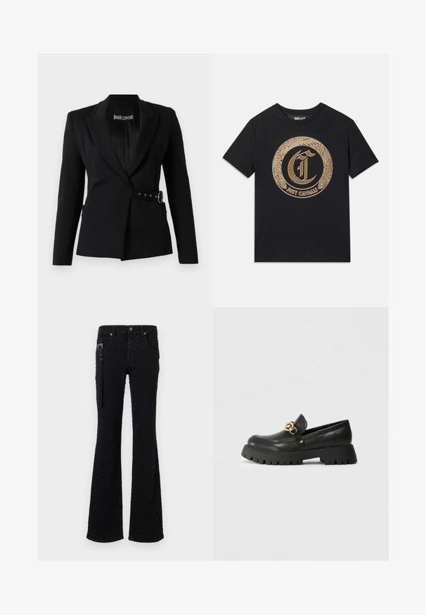Blazer preto feito de tecido estruturado, com design de dupla face, lapelas largas e um detalhe de cinto dourado com fivela circular.; T-shirt preta com um design gráfico circular em dourado, incluindo um "C" estilizado e o texto "JUST CAVALLI". Com mangas curtas, decote redondo, em material de algodão.; Jeans pretos flared com um tecido texturizado e um padrão subtil, detalhes em prata e bolsos frontais. Fecho com zíper na lateral.; Sapatilha de couro preto com uma sola de borracha grossa e texturizada. Apresenta um detalhe em corrente dourada na parte superior e um design de bico arredondado.