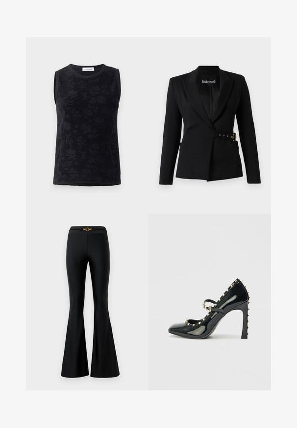Black blazer made of structured fabric, featuring a double-breasted design, wide lapels, and a gold belt detail with circular buckle.; Black sleeveless top with floral texture, made of soft fabric, featuring a round neck and subtle tonal variations in the design.; Black flared pants with a smooth texture, featuring a fitted waist and a gold circular accent in the front. Made from stretchy material.; Black patent leather high-heeled shoe with a pointed toe, ankle strap, and gold studded accents along the edges.