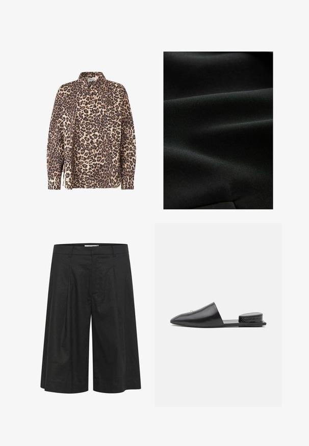 Černá tkanina s hladkým, texturovaným povrchem, vykazující jemné vrásky a jednotný vzhled, ideální pro různé oděvní aplikace.; Košile s leopardím potiskem v béžové a hnědé barvě. Má dlouhé rukávy, límec a kapsu na hrudi.; Černé kalhoty s volným, širokým střihem, sklady vpředu a hladkým povrchem. Vyrobeny z lehkého materiálu. Pasují v pase.; Černé kožené skládací muly s špičatou špičkou, minimalistickým designem a texturovaným akcentem na zadním podpatku. Hladký povrch a plochá podrážka.