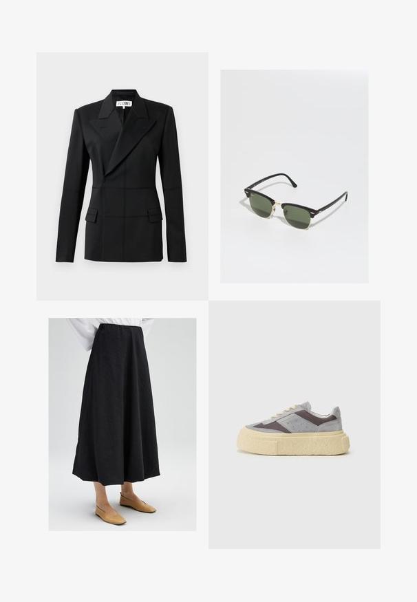 Czarna marynarka o dopasowanym kroju, z jednym długim rękawem, klapami o podcięciu, podwójnym zapięciem, dwiema przednimi kieszeniami, uszyta z strukturalnego materiału z widocznymi szwami.; Biała krótka koszulka z miękkiej bawełny, z okrągłym dekoltem i luźnym krojem, z prostym wykończeniem, gładka, bez wzorów i grafik.; Czarna spódnica midi o teksturowej powierzchni, z elastycznym pasem i zwiewnym krojem. Połączona z beżowymi płaskimi butami.; Szare zamszowe trampki z siateczkowymi wstawkami, kremową podeszwą i zaokrąglonym noskiem. Posiadają beżowe sznurowadła oraz subtelne perforacje po bokach.; Czarno-złote okulary przeciwsłoneczne z zielonymi soczewkami w kształcie kocich oczu, z metalowymi akcentami i teksturowaną oprawką.