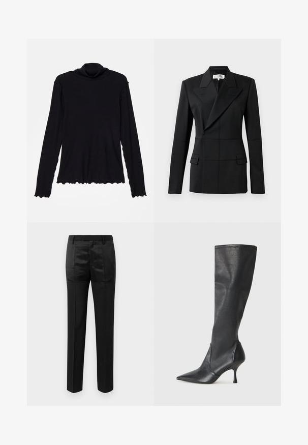 Black tailored blazer, one long sleeve, notch lapels, double-breasted closure, two front pockets, structured fabric with visible stitching.; Rodebjer CISNE - Long sleeved top - black; Black tailored trousers with straight legs and a waistband with belt loops, featuring a mix of matte and shiny fabric panels.; Knee-high black leather boots with a pointed toe and a slim stiletto heel. Smooth texture with a fitted design and stitching at the top edge.