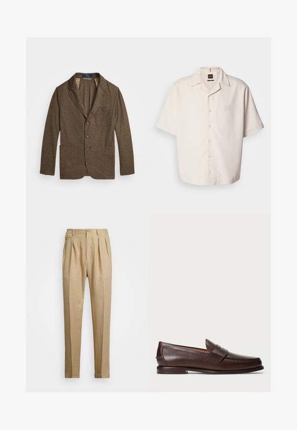 Rjav tvíd blazer z nazobčastim ovratnikom, z dvema sprednjima žepoma in zapiranjem na tri gumbe. Teksture s subtilnim vzorcem. Podložen notranji del.; Kratki rokavi, krema barve, srajca z gumbi iz gladkega blaga, z majhnim pravokotnim žepom s logotipom in klasičnim ovratnikom.; Beige lanene hlače s ravnim krojem, ki imajo dva sprednja pregiba, gumbasto zapiranje in stranske žepi. Teksturna tkanina z gladkim zaključkom.; Temno rjavi usnjeni penny loafer z nizkim peto, šivanim moc toe in detajlom traku čez zgornji del, prikazan na beli podlagi.