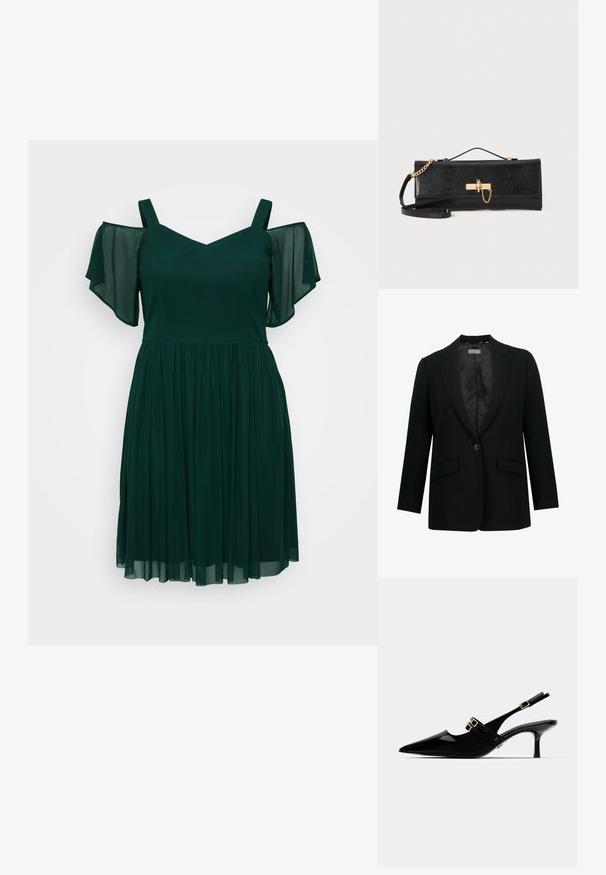 Czarna marynarka z klapami, zapinana na jeden guzik, z dwoma przednimi kieszeniami. Wnętrze podszewkowane gładkim materiałem, dopasowany krój.; Ciemnozielona sukienka z dekoltem w serek, krótkimi rękawami typu cold shoulder i zwiewnym, sięgającym kolan dołem, wykonana z lekkiego materiału.; Czarne lakierowane czółenka na obcasie typu slingback z noskiem w szpic, z podwójnymi złotymi klamrami i smukłym obcasem typu stiletto.; Czarna kopertówka o fakturowanym wykończeniu, złoty łańcuszek i zapięcie na klamrę. Prostokątny kształt o eleganckim, minimalistycznym designie.