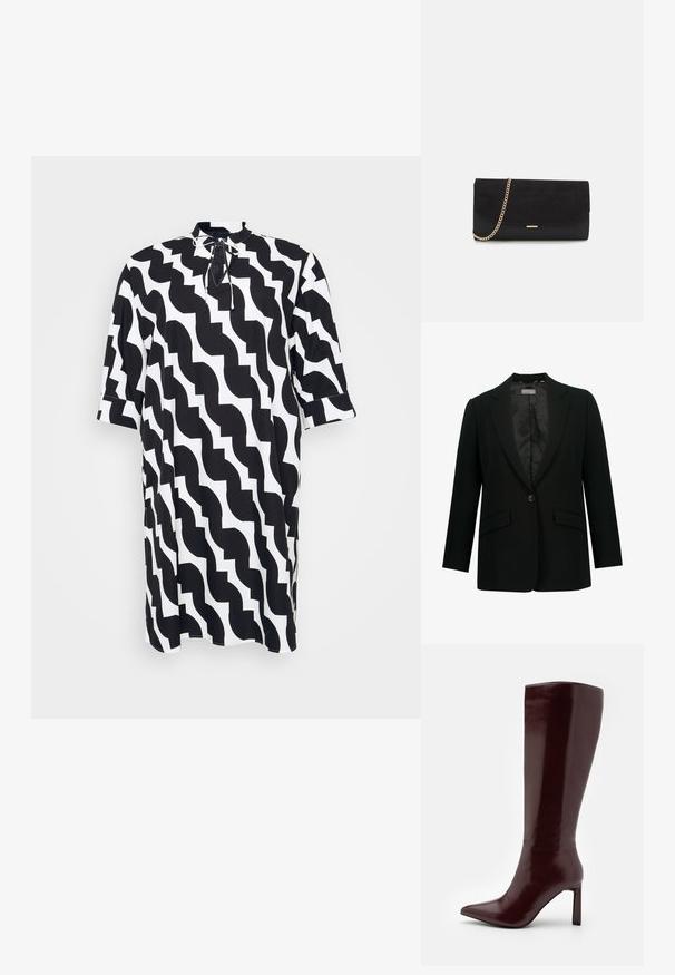 Czarna marynarka z klapami, zapinana na jeden guzik, z dwoma przednimi kieszeniami. Wnętrze podszewkowane gładkim materiałem, dopasowany krój.; Czarna i biała sukienka z falistym wzorem, wysokim kołnierzem z wiązaniem i krótkimi rękawami. Wykonana z lekkiego materiału.; Even&Odd - Kozaki; Czarna kopertówka wykonana z zamszu o teksturowym wykończeniu, z złotym łańcuszkiem i eleganckim, kanciastym designem.