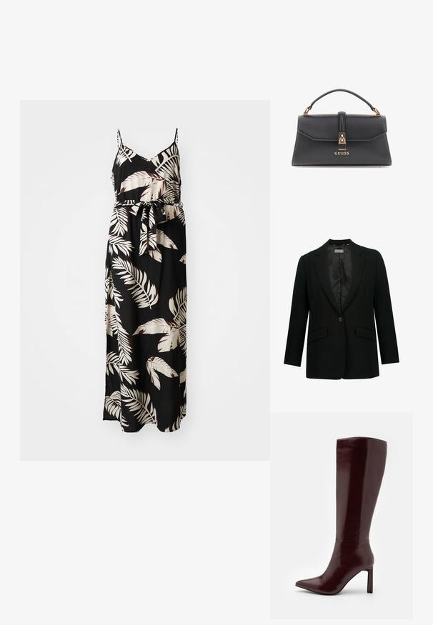 Czarna marynarka z klapami, zapinana na jeden guzik, z dwoma przednimi kieszeniami. Wnętrze podszewkowane gładkim materiałem, dopasowany krój.; Maxi sukienka w czarnym materiale z kwiatowym wzorem liści w kremowym i bordowym kolorze. Posiada cienkie ramiączka i związany w talii pasek.; Even&Odd - Kozaki; Czarna torebka z ekoskóry o strukturalnym kształcie, z złotymi elementami, górnym uchwytem oraz zapięciem z przodu z logo "GUESS".