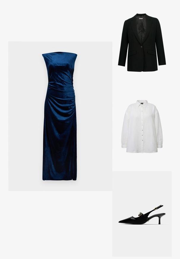 Schwarzer Blazer mit Reverskragen, einreihiger Knopfverschluss und zwei vorderen Taschen. Innenfutter aus glattem Stoff, taillierte Passform.; Weißes Hemd mit Knopfleiste aus strukturiertem Stoff, mit klassischem Kragen, langen Ärmeln und perlmuttartigen Knöpfen an der Vorderseite.; Ärmelloses, bodenlanges, marineblaues Samtkleid mit geradem Ausschnitt und gerafftem Detail auf der rechten Seite.; Schwarze Lackleder Slingback-Absätze mit spitzem Zehenbereich, ausgestattet mit doppelten goldenen Schnallenakzenten und einem schlanken Stiletto-Absatz.; Schwarze Clutch mit strukturiertem Finish, goldener Kettenriemen und einem Verschluss. Rechteckige Form mit einem eleganten, minimalistischen Design.