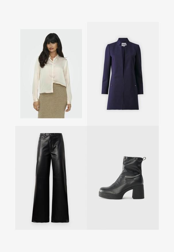 Casaco ajustado azul-marinho com colarinho mandarim, mangas longas e detalhes em metal dourado na frente. Acabamento de tecido suave.; Blusa de manga longa, de cor creme, feita de um tecido suave, com fecho de botões à frente e colarinho, combinada com uma saia dourada texturizada.; Calças largas de imitação de couro pretas, de cintura alta, com botão frontal, fecho de correr, passadores de cinto e bolsos laterais sobre fundo branco.; Botas de tornozelo pretas feitas de couro liso, com fecho lateral, salto grosso texturizado e design de bico arredondado.