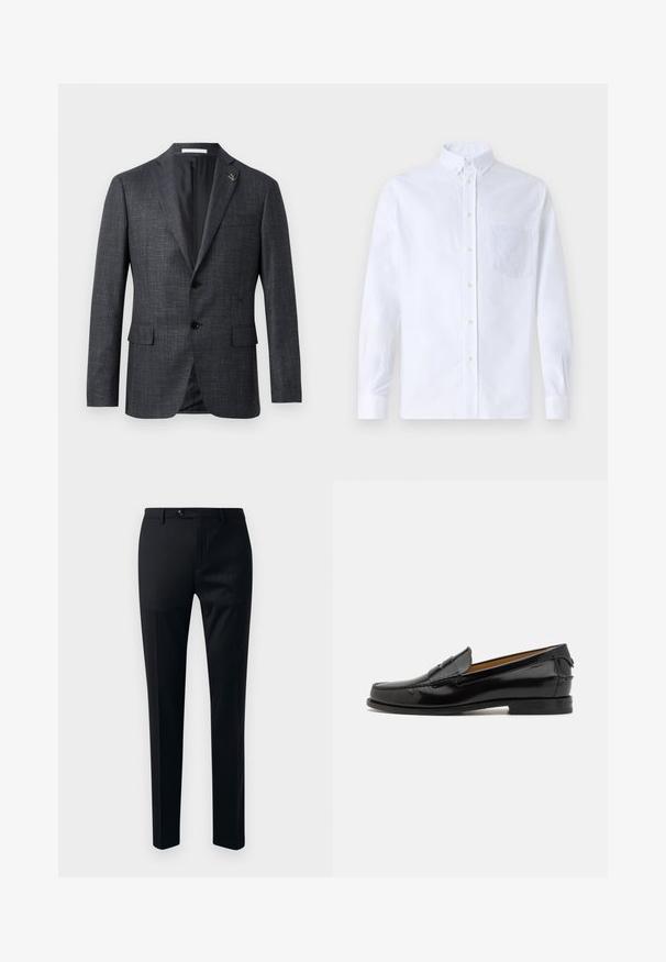 Tummanharmaa, teksturoitu bleiseri, jossa on läppäkaulus, kaksi etutaskua, nappikiinnitys ja pieni nuppineulapiste kauluksessa. Silkkinen sisävuori.; Valkoinen pitkähihaista napillista paitaa, joka on valmistettu puuvillasta. Paita sisältää rinnan kohdalla taskun, jossa on samaa sävyä oleva brodeeraus, kauluksen sekä napilliset hihansuut.; Mustat housut, joissa on sileä kangas, kapeat lahkeet, yksittäinen nappisulku ja sivutaskut käytännöllisyyttä varten.; Bally CHARLEX - Puvunkengät - black