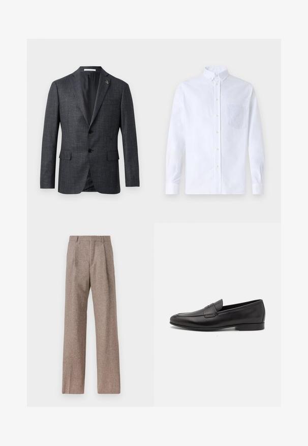Blazer texturizado gris oscuro con solapas de pico, dos bolsillos frontales, cierre de botón y pequeño detalle de pin en la solapa. Forro interior suave.; Camisa blanca de manga larga y botonadura frontal, hecha de algodón, con un bolsillo en el pecho con bordado tonal, cuello y puños con botones.; Pantalones marrones de cintura alta hechos de una tela texturizada. Presentan piernas anchas y dos pliegues frontales para dar estructura. Acabado limpio sin hardware visible.; Mocasín negro de cuero para hombres con un tacón bajo y un diseño clásico de cinta para monedas, mostrado en perfil lateral sobre un fondo blanco.