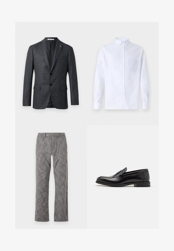 Tamsiai pilkas, tekstūruotas švarkas su įpjautomis atlapomis, dviem priekinėmis kišenėmis, mygtuko uždarymu ir mažais segtukais ant atlapo. Lygus pamušalas.; Balta ilga rankovė mygtukų marškiniai, pagaminti iš medvilnės, su krūtine kišene ir toniniu siuvinėjimu, apykakle ir mygtukų apvadu.; Pilkos raštuotos kelnės su tiesiomis kojomis. Pagamintos iš tekstūruoto audinio, turi priekinį užsegimą ir šonines kišenes.; Juodos odinės loafers, turinčios lygų paviršių, apvalią noselę ir dekoratyvinę juostą per priekinę dalį. Žemas krentantis kulnas, minimalistinis dizainas.