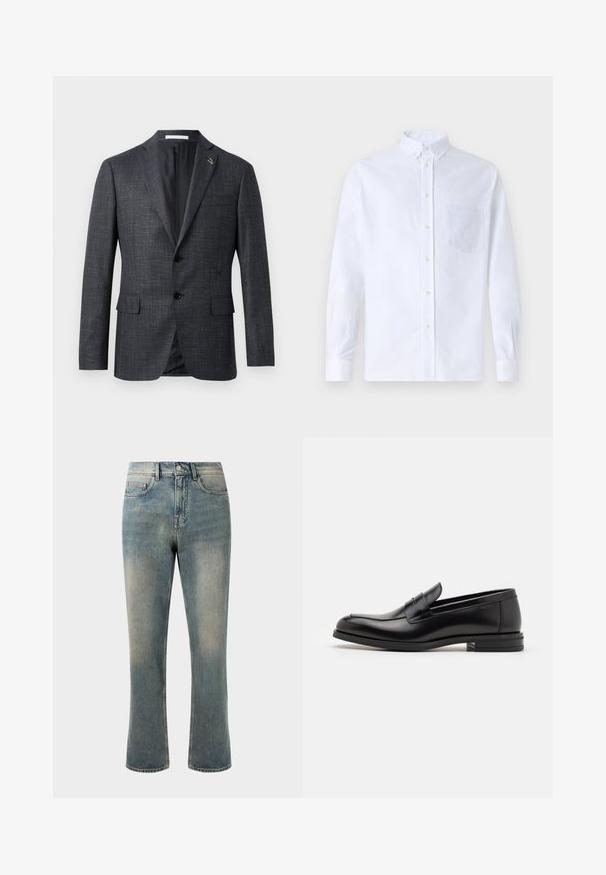 Blazer grigio scuro, con texture, colletto a rever, due tasche frontali, chiusura con bottone e piccolo dettaglio a spilla sul rever. Fodera interna liscia.; Camicia bianca a maniche lunghe con bottoni, realizzata in cotone, caratterizzata da una tasca sul petto con ricamo tonale, colletto e polsini con bottoni.; Jeans in denim azzurro chiaro con gamba dritta, vita media e sfumature sottili. Presentano uno stile classico delle tasche e cuciture a contrasto.; Mocassini neri in pelle con una texture liscia, punta arrotondata e una striscia decorativa sulla tomaia. Tacco basso impilato, design minimalista.