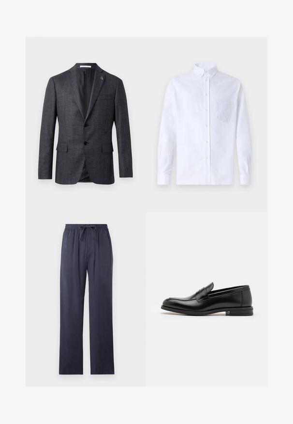 Blazer texturé gris foncé avec revers en pointe, deux poches avant, fermeture à bouton et petit détail en épingle sur le revers. Doublure intérieure lisse.; Chemise blanche à manches longues avec boutons en coton, présentant une poche poitrine avec broderie ton sur ton, un col et des poignets boutonnés.; Pantalons bleu marine, amples, en tissu doux avec une taille élastique et un cordon de serrage ajustable. Jambes droites, sans poches.; Mocassins en cuir noir avec une texture lisse, bout rond et une sangle décorative sur le dessus. Talon bas empilé, design minimaliste.