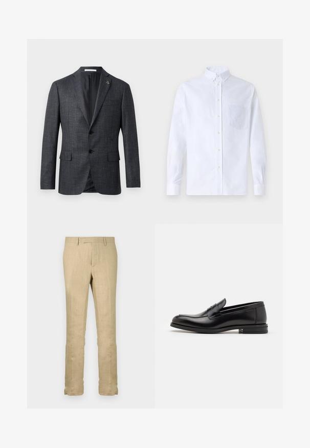 Tumši pelēkā krāsā struktūru izceļošs žakets ar atzīmi pie apakšmalām, divām priekšējām kabatām, pogu aizdari un nelielu piespraudes detalizāciju pie apakšmalām. Gluda iekšējā oderes apdare.; Balts garo piedurknēm krekliņš ar pogām, izgatavots no kokvilnas, ar krūšu kabatu ar tonālu izšuvumu, apkakli un pogām pie piedurknēm.; Nude linsēna bikses, taisna kāju dizains, viegla auduma ar smalku tekstūru, ar standarta jostas vietu un bez redzamām rakstainām detaļām.; Melnas ādas kurpes ar gludu tekstūru, noapaļu purngalu un dekoratīvu siksniņu pāri priekšpusei. Zems sakrauts papēdis, minimālisma dizains.