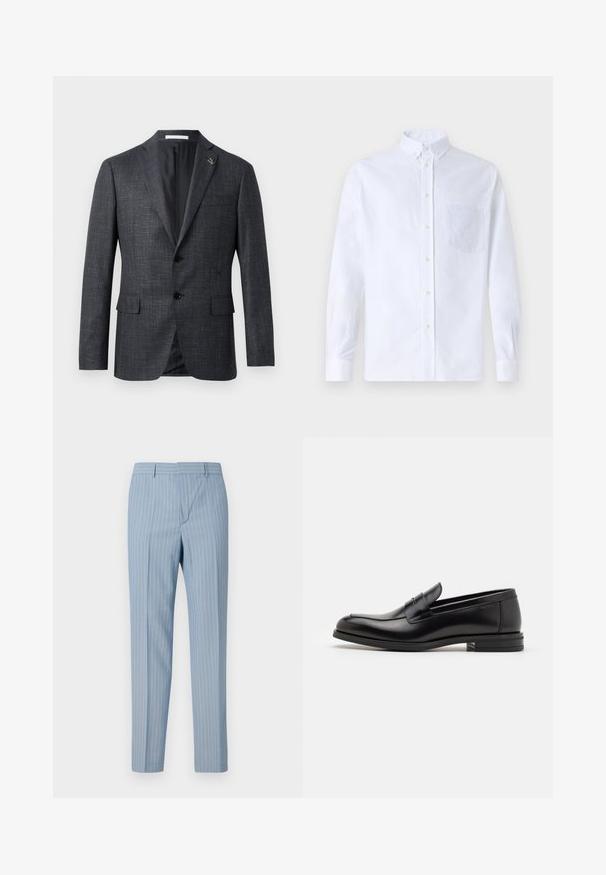 Tumehall hallituga bleiser, millel on lõhenenud krae, kaks esimest taskut, nööbiga sulgemine ja väike teadetooted kraes. Sile sisevooder.; Valge pikamaa varrukatega nööbiga särk, mis on valmistatud puuvillast ja millel on rinna tasku toon-toonis brodeeringuga, krae ja nööbiga mansetid.; Hele sinised triibulised püksid, millel on kitsas lõige ja vertikaalsed valged peentriibud. Valmistatud siledast kangast, millel on kohandatud disain.; Mustad mustad nahast loafers sileda tekstuuriga, ümarat ninaosa ja dekoratiivne riba vampi üle. Madal kihiline konts, minimalistlik disain.