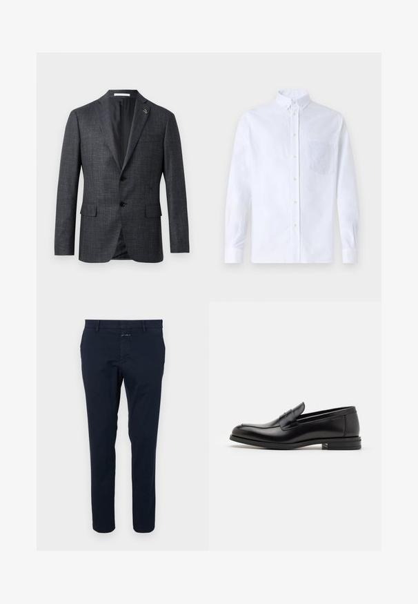 Blazer texturizado gris oscuro con solapas de pico, dos bolsillos frontales, cierre de botón y pequeño detalle de pin en la solapa. Forro interior suave.; Camisa blanca de manga larga y botonadura frontal, hecha de algodón, con un bolsillo en el pecho con bordado tonal, cuello y puños con botones.; Chinos de algodón azul marino con corte slim, frontal plano y cierre de cremallera. Incluyen bolsillos laterales y un bolsillo trasero con una pequeña etiqueta de la marca.; Mocasines de cuero negro con una textura suave, puntera redondeada y una tira decorativa en el empeine. Tacón bajo apilado, diseño minimalista.