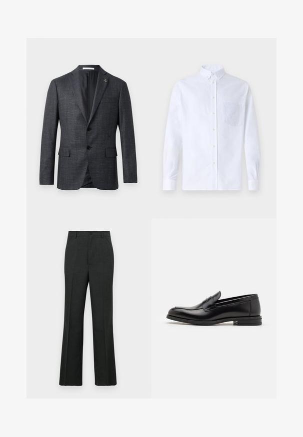 Blazer texturé gris foncé avec revers en pointe, deux poches avant, fermeture à bouton et petit détail en épingle sur le revers. Doublure intérieure lisse.; Chemise blanche à manches longues avec boutons en coton, présentant une poche poitrine avec broderie ton sur ton, un col et des poignets boutonnés.; Pantalons taillés gris foncé avec une coupe droite, dotés d'une fermeture à boutons, de poches avant et d'un tissu texturé subtil.; Mocassins en cuir noir avec une texture lisse, bout rond et une sangle décorative sur le dessus. Talon bas empilé, design minimaliste.