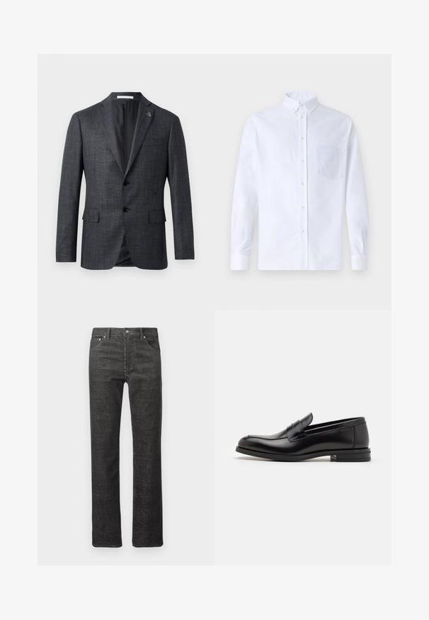 Dark gray, textured blazer with notch lapels, two front pockets, button closure, and small pin detail on the lapel. Smooth interior lining.; White long-sleeve button-up shirt made of cotton, featuring a chest pocket with tonal embroidery, a collar, and button cuffs.; Black corduroy straight-leg jeans with front and back pockets, belt loops, and button closure on white background.; Black leather loafers with a smooth texture, rounded toe, and a decorative strap across the vamp. Low stacked heel, minimalist design.