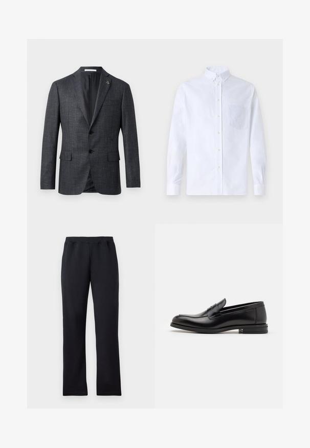 Blazer texturé gris foncé avec revers en pointe, deux poches avant, fermeture à bouton et petit détail en épingle sur le revers. Doublure intérieure lisse.; Chemise blanche à manches longues avec boutons en coton, présentant une poche poitrine avec broderie ton sur ton, un col et des poignets boutonnés.; Pantalons de survêtement noirs à jambes droites avec taille élastique, présentés à plat sur un fond blanc.; Mocassins en cuir noir avec une texture lisse, bout rond et une sangle décorative sur le dessus. Talon bas empilé, design minimaliste.