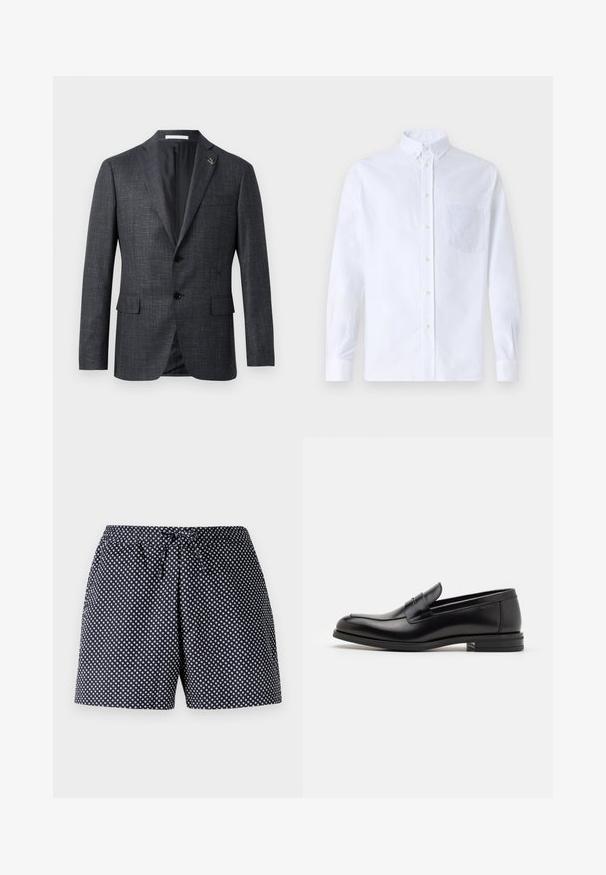 Temno sivi, teksturiran blejzer z zarezano ovratnikom, dvema sprednjima žepoma, gumbom za zapiranje in majhnim zatičem na ovratniku. Gladka notranja podloga.; Bela dolgo rukava srajca s kragnico, izdelana iz bombaža, z žepom na prsih in toniranimi vezeninami ter gumbi na manšetah.; Temno modri šortsi z belim krožnim pikastim vzorcem, z elastičnim pasom in vrvico za zavezovanje. Lahkoten material, sproščen kroj.; Črne usnjene loafer čevlje z gladko teksturo, zaobljenim nosom in dekorativnim trakom čez zgornji del. Nizka zložena peta, minimalističen dizajn.