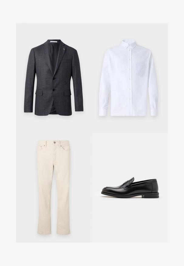 Blazer grigio scuro, con texture, colletto a rever, due tasche frontali, chiusura con bottone e piccolo dettaglio a spilla sul rever. Fodera interna liscia.; Camicia bianca a maniche lunghe con bottoni, realizzata in cotone, caratterizzata da una tasca sul petto con ricamo tonale, colletto e polsini con bottoni.; Jeans beige in misto cotone con design a gamba dritta. Presentano una chiusura frontale con bottone e zip, cinque tasche e dettagli di cucitura discreti.; Mocassini neri in pelle con una texture liscia, punta arrotondata e una striscia decorativa sulla tomaia. Tacco basso impilato, design minimalista.