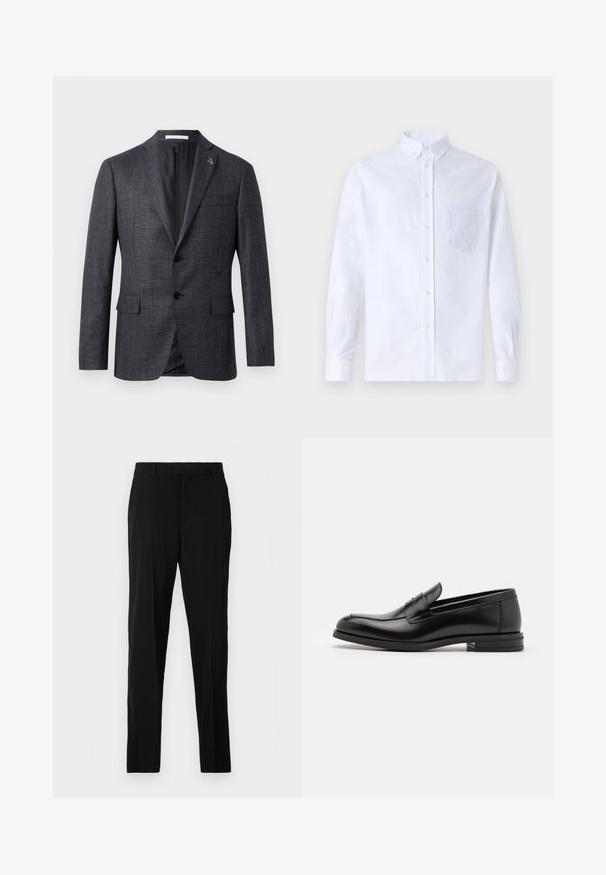 Blazer grigio scuro, con texture, colletto a rever, due tasche frontali, chiusura con bottone e piccolo dettaglio a spilla sul rever. Fodera interna liscia.; Camicia bianca a maniche lunghe con bottoni, realizzata in cotone, caratterizzata da una tasca sul petto con ricamo tonale, colletto e polsini con bottoni.; Pantaloni neri realizzati in tessuto liscio, con una vestibilità dritta, passanti per cintura, zip e tasche laterali per la funzionalità.; Mocassini neri in pelle con una texture liscia, punta arrotondata e una striscia decorativa sulla tomaia. Tacco basso impilato, design minimalista.