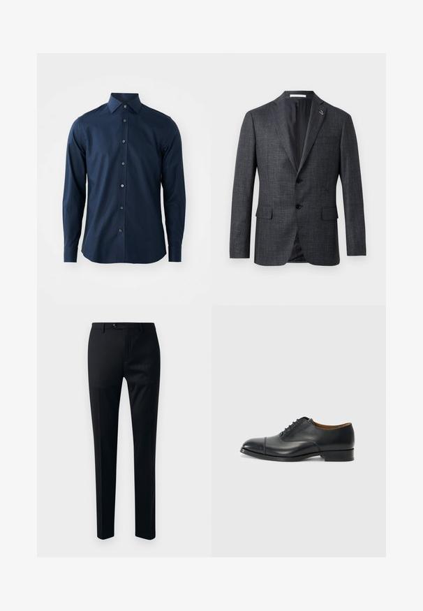 Ciemnoszary, teksturowany żakiet z klapami, dwiema przednimi kieszeniami, zapięciem na guziki oraz małym przypinką na klapie. Gładka podszewka wewnętrzna.; Granatowa męska koszula do garnituru z długim rękawem, z zapięciem na guziki i ostrym kołnierzykiem na jednolitym białym tle.; Czarne spodnie materiałowe o gładkiej tkaninie, zwężającym się kroju nogawki, z jedynym zapięciem na guzik oraz bocznymi kieszeniami dla wygody.; Czarne skórzane buty wizytowe o gładkim wykończeniu, zaokrąglonym nosku, pięcioma oczkami na sznurówki oraz niskim, blokowym obcasie. Minimalistyczny design z subtelnymi przeszyciami.