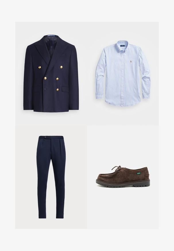 Navy blue double-breasted blazer with gold buttons and notch lapels, featuring two front flap pockets and a chest welt pocket.; Light blue and white striped button-up shirt with a classic collar, long sleeves, and a small embroidered logo on the chest.; Navy blue tailored pants with a flat front, two front pleats, and a single button closure, featuring a smooth, textured fabric.; Polo Ralph Lauren JETT APRON CASUAL SHOE BUCK - Casual lace-ups - dark brown