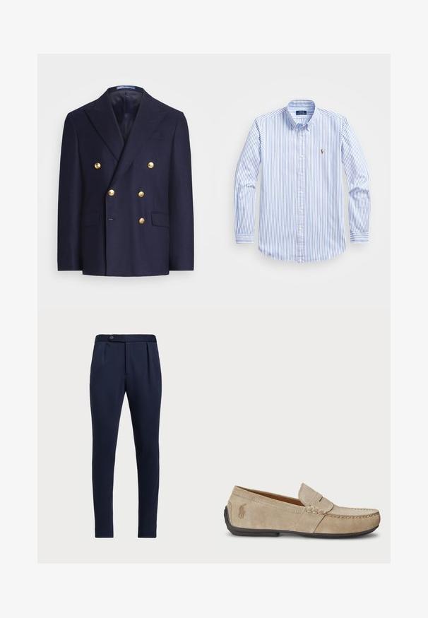 Sininen kaksirivinen bleiseri kultaisilla nappilla ja hihalla, jossa on kaksi etupussikoloa ja rintatasku.; Vaaleansininen ja valkoinen raidallinen napillinen paita, jossa on klassinen kaulus, pitkät hihat ja pieni brodeerattu logo rintataskussa.; Navy siniset räätälöidyt housut, joissa on tasainen etu, kaksi etupuolelle ommeltua laskosta ja yksi nappisulku, valmistettu sileästä, teksturoidusta kankaasta.; Beige mokasíny z semišu s prešívaním, plochou gumovou podrážkou a malým logom na boku. Klasický dizajn na obutie, jemná textúra.